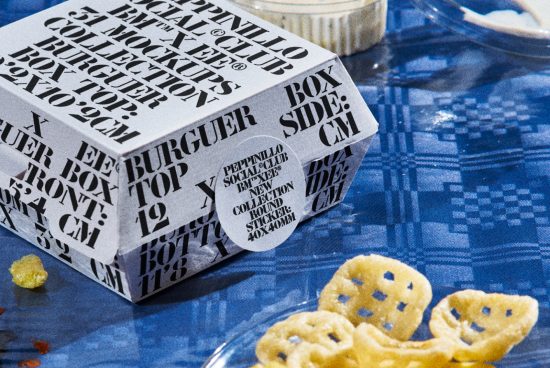 Stylish packaging mockup featuring a burger box with bold typographic design on a blue patterned surface, ideal for branding presentations.