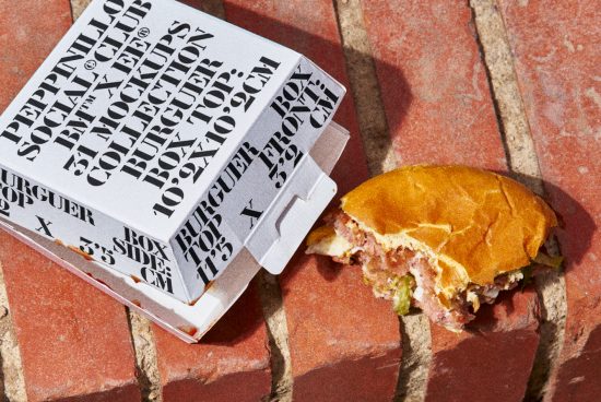 Stylish fast food packaging design with modern typography on a brick surface next to a half-eaten burger, ideal for mockup graphics.