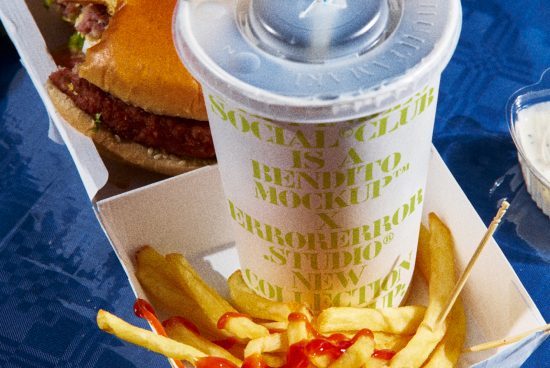 Fast food packaging mockup with realistic burger, soft drink cup, and fries for graphic design asset.