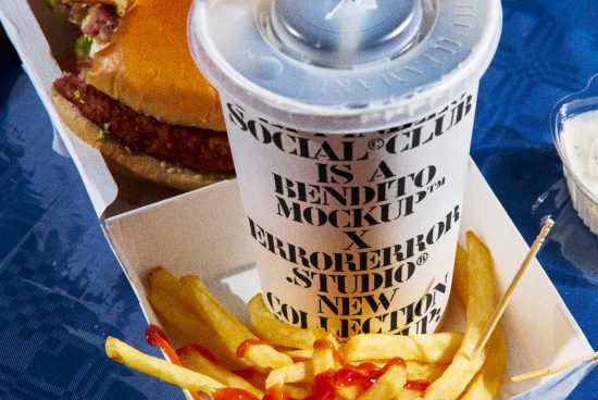 Fast food packaging mockup with burger, drink and fries on blue background, perfect for restaurant branding design.