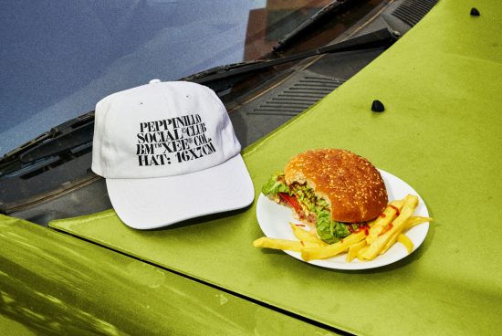 Cap mockup with logo on a green car bonnet next to a burger and fries, ideal for showcasing brand designs in real-life scenarios.