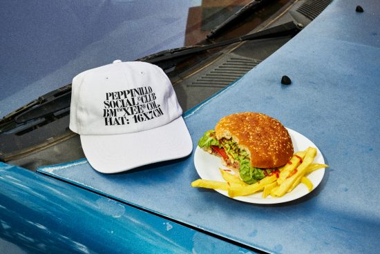 White cap with text on a car dashboard next to a plate with a burger and fries, ideal for mockup graphics and advertising design assets.