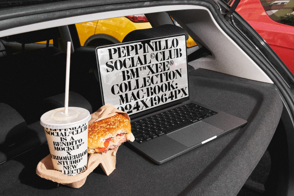 Laptop mockup on car seat with bold typography design screen, paired with fast food packaging, realistic designer mockup scenario.