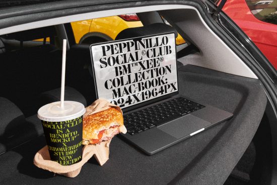 Laptop with stylized text on screen in car, fast food takeout next to it, designer mockup for branding, realistic setting, digital asset.
