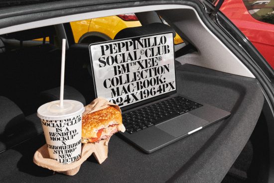 Laptop on car seat displaying bold font mockup with fast food, ideal for designers looking for urban style font presentations and graphic assets.
