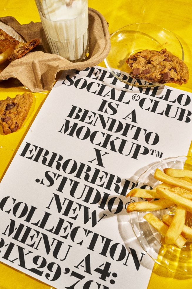 Creative typography poster mockup with bold fonts on yellow background, surrounded by cookies, milk, and fries for designers.