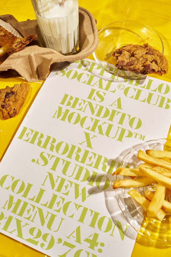 Creative typographic poster mockup with food items, vibrant yellow background, graphic design assets for designers.