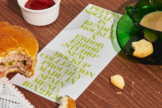 Creative font showcase mockup with stylized text on paper beside coffee and a half-eaten sandwich, ideal for graphics and templates.