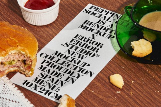 Creative typographic mockup design with overlaid text, placed next to a half-eaten hamburger, coffee cup, and sauce dish on a wooden surface.