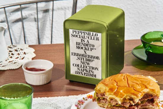 Vintage tin mockup on a table with a sandwich, doily, and green teacup, showcasing label design for product packaging and branding.