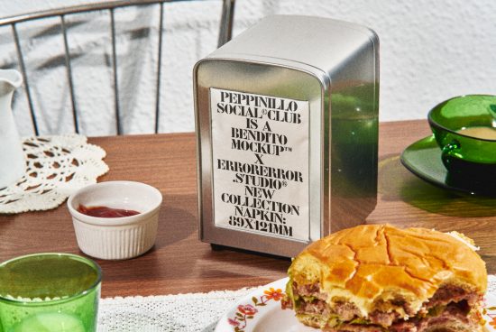 Vintage style napkin holder mockup with editable label design on a cafe table with food and drink, suitable for showcasing branding projects.