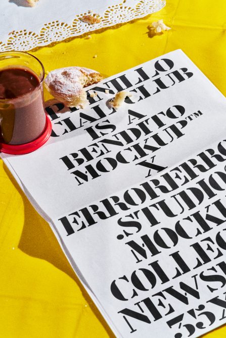 Vibrant font mockup with bold typography on paper, spilt coffee and cookie crumbs on yellow background for graphic design assets.