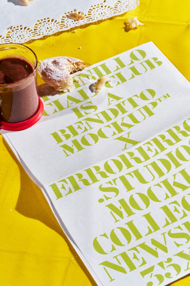 Creative paper mockup with dynamic shadows, bright yellow background, and typography design showcased with cookies and a cup of chocolate.