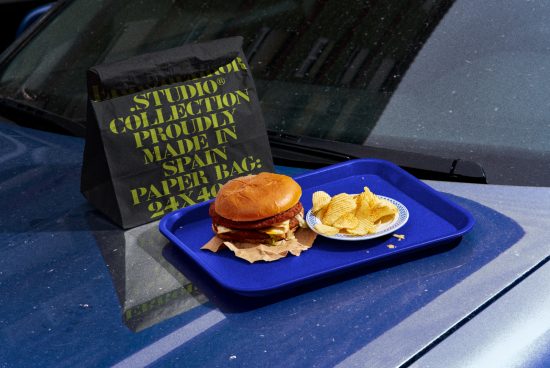 Fast food meal on car hood with burger and chips on a blue tray next to black designer paper bag. Perfect for mockup, food graphics, and packaging design.