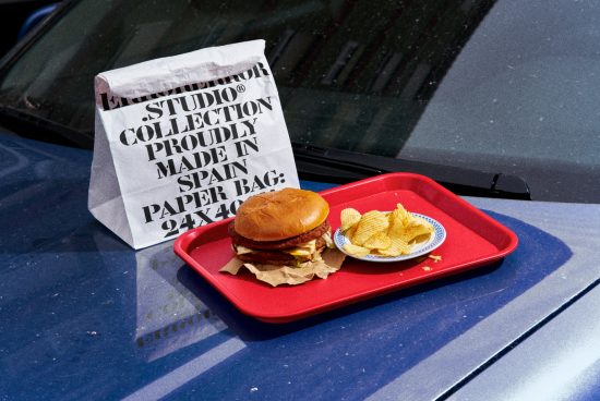 Fast food meal on car hood with burger and chips on red tray, urban lifestyle mockup, graphic design assets, textured background.