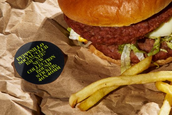 ALT Text: Close-up of a juicy burger with lettuce and cheese, fries on the side, with a branded sticker on crumpled paper, great for mockup designs.