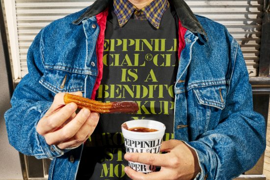 Person holding churro and dip with vibrant typography on shirt, denim fashion mockup for graphic design assets.