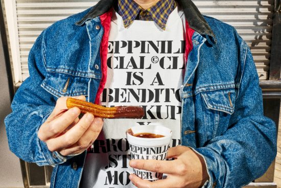 Person in a denim jacket and graphic tee holding churro and sauce, urban style mockup for fashion and apparel designs.