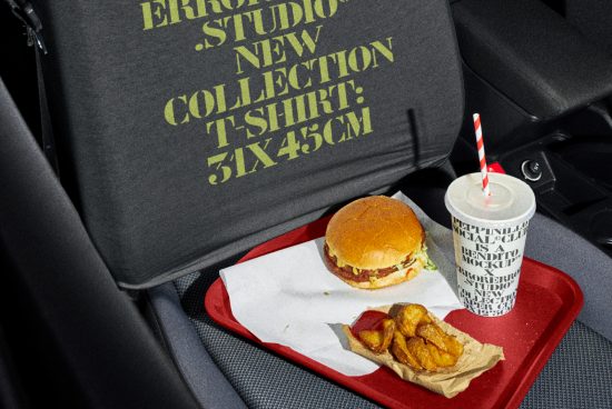 T-shirt mockup with bold text design, burger and drink on car seat, showcasing casual apparel graphics for fashion designers.
