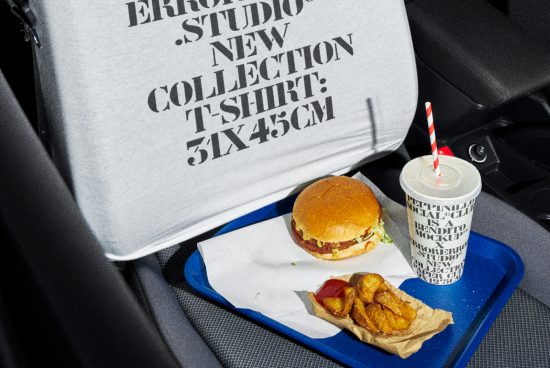 T-shirt mockup on a car seat featuring a fast food meal with burger and drink, urban lifestyle theme, realistic apparel presentation.