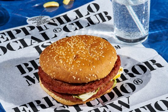 Realistic burger mockup on newspaper ad design with glass of water, ideal for showcasing food-related graphics and branding projects.
