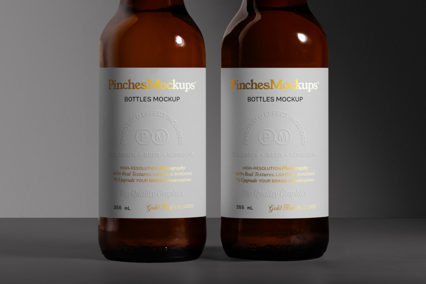 Two beer bottles mockup with labels, realistic packaging design presentation, high-resolution graphics, amber glass, editable template.