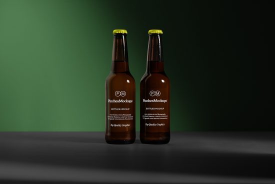 Two beer bottles mockup on green background, editable label design, high-resolution, realistic textures, suitable for branding presentations.