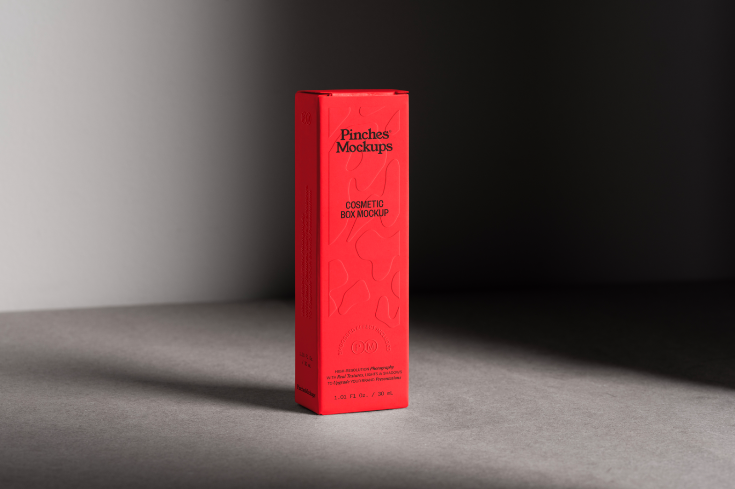 Red cosmetic box mockup on a gray background with stylish shadows, ideal for branding and packaging design presentations in the Mockups category.