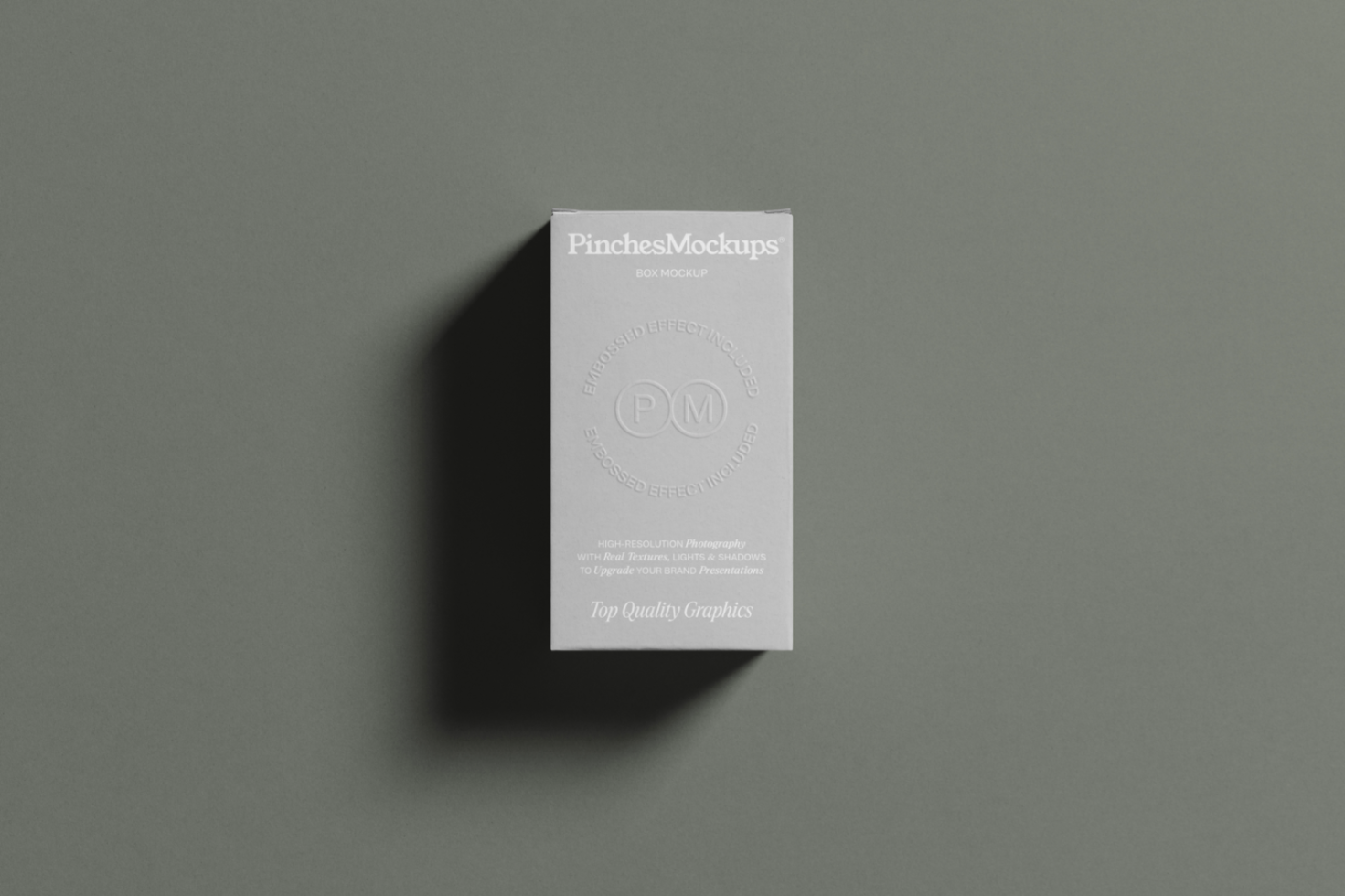 Elegant box mockup on a grey background, showcasing embossed logo for presentations, ideal for designers creating packaging graphics.