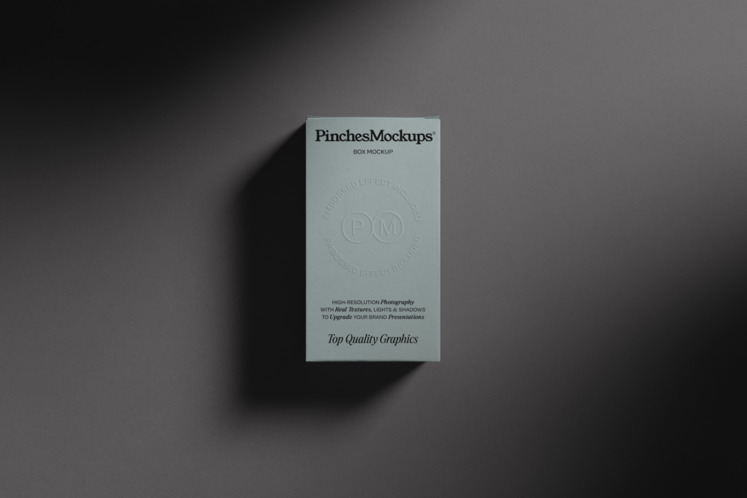 Elegant product box mockup with embossed logo effect on a grey background, showcasing design and branding in realistic lighting for designers.