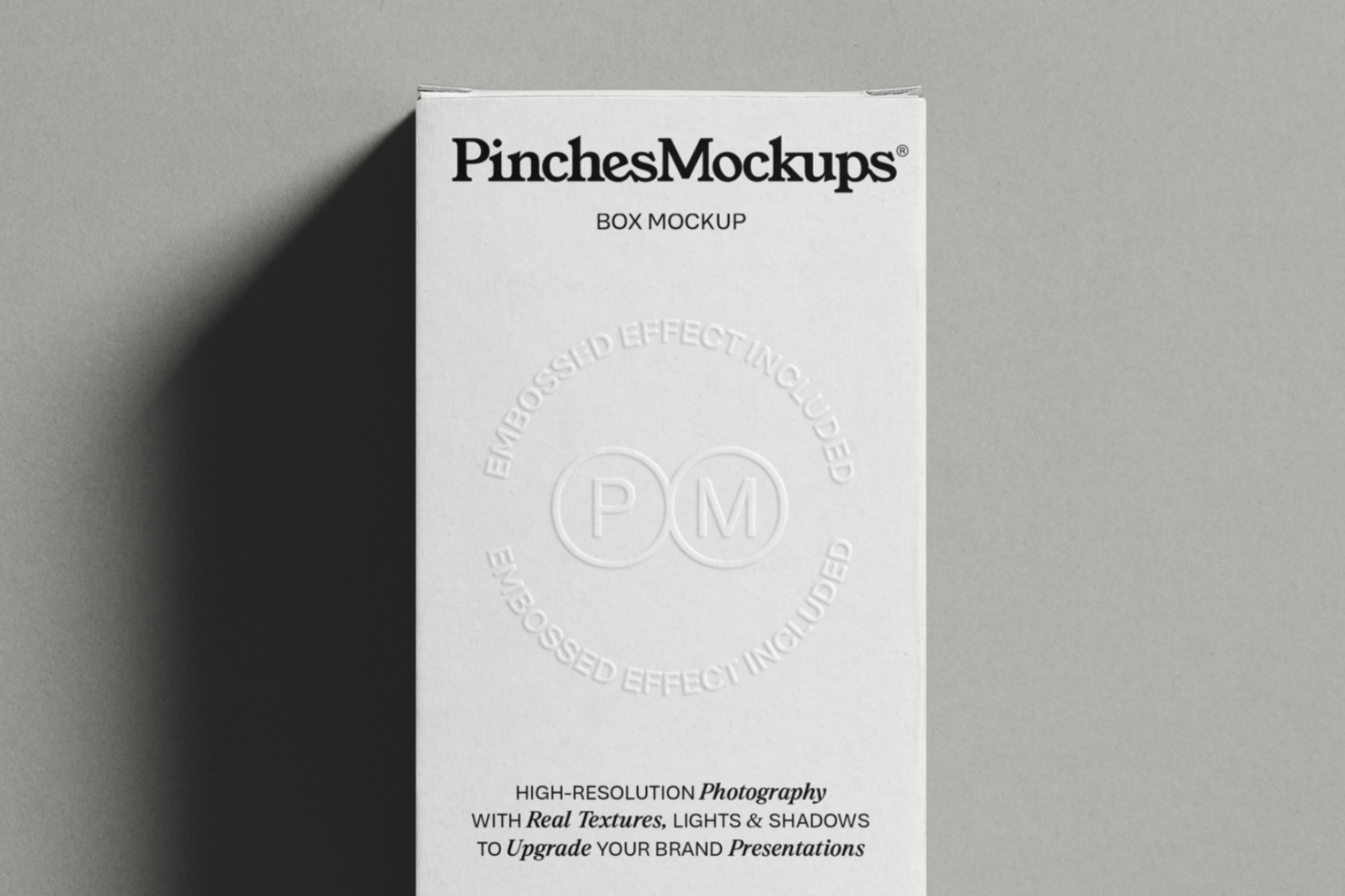 Embossed white box mockup by PinchesMockups with realistic textures, lighting and shadows for brand presentation design assets.