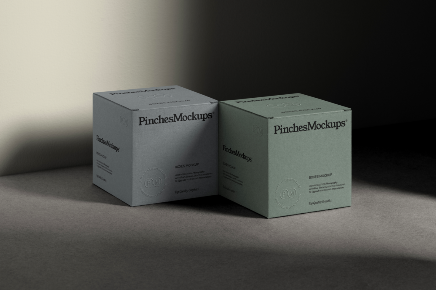 Two realistic packaging box mockups in a moody lighting setup, perfect for branding presentations and design portfolios.