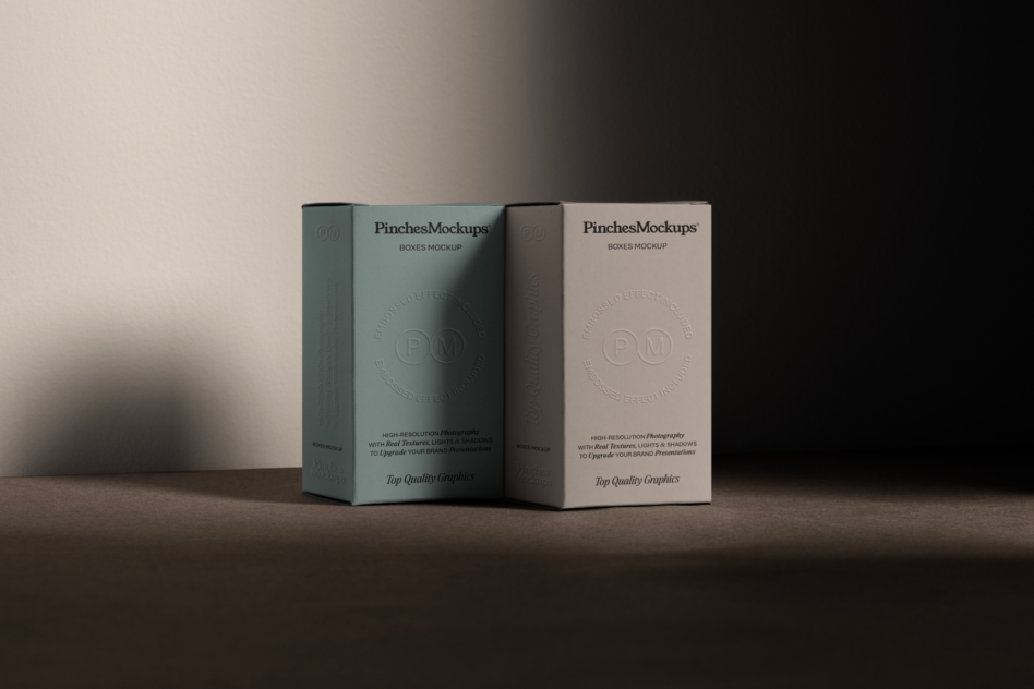 Two elegant packaging box mockups with embossed logo, realistic shadows, and textures for product presentation, suitable for designers.