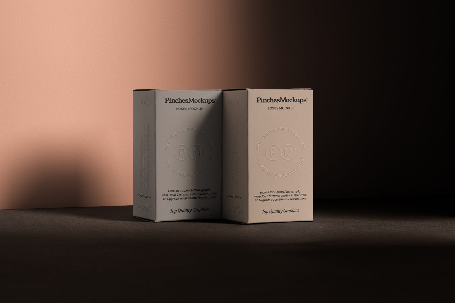 Two realistic box mockups with elegant embossed logo, perfect for branding presentations, packaging design for digital asset marketplace.