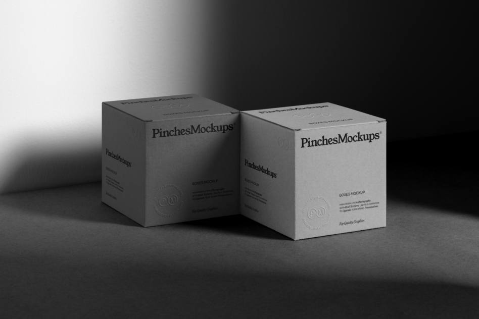 Two cardboard box mockups in black and white with subtle shadows, perfect for packaging design presentations.