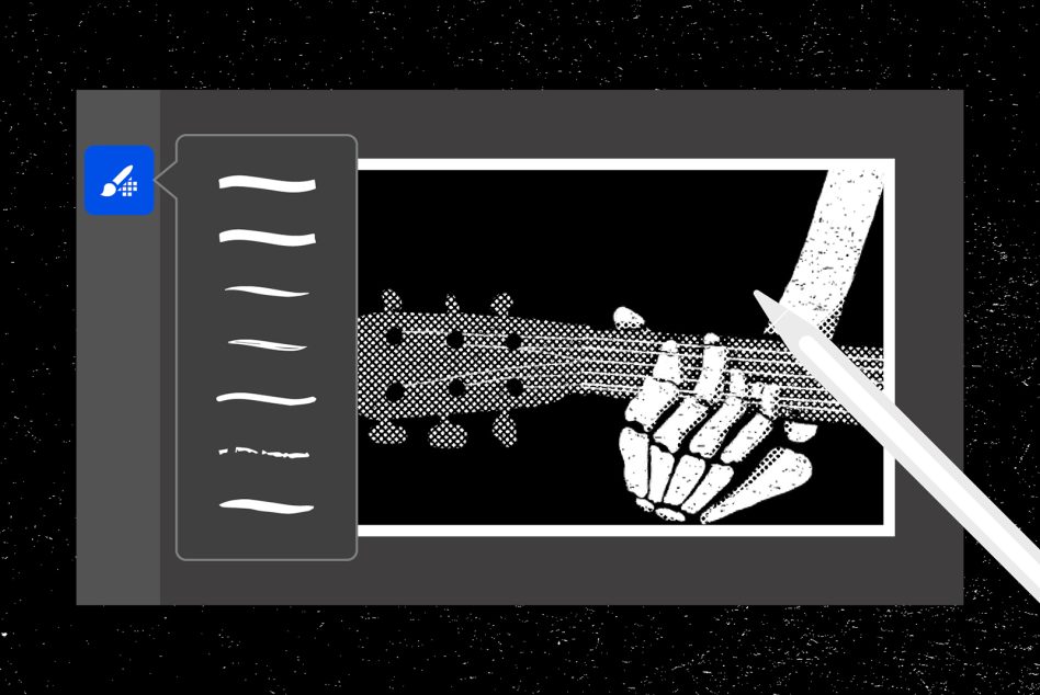 Retro digital interface showing skeletal hand with halftone texture on black background