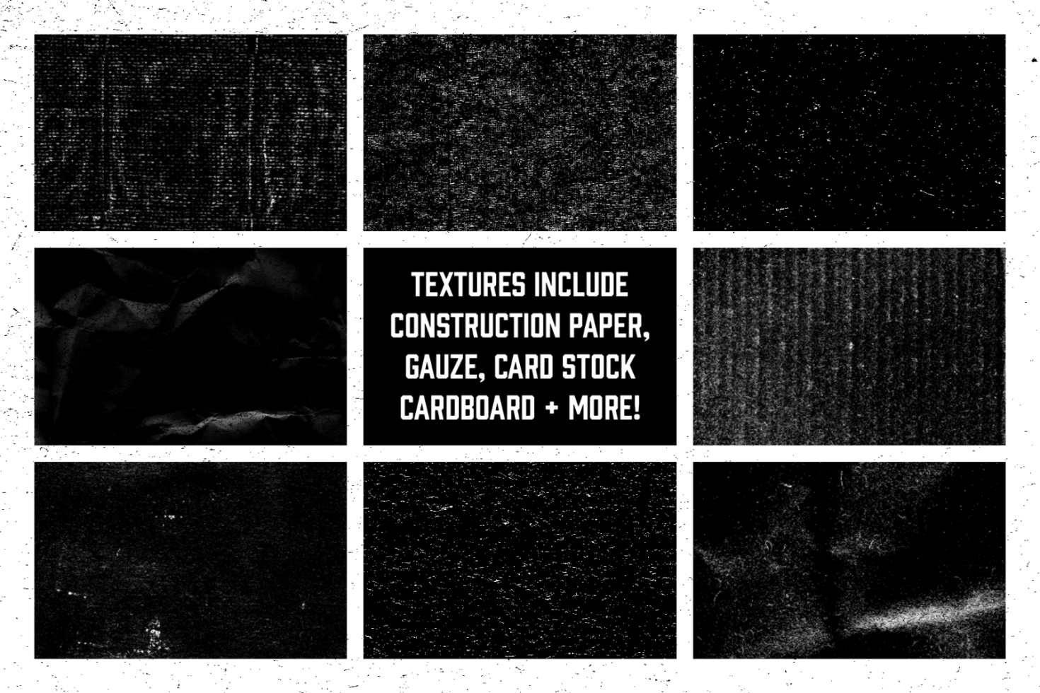 Collection of nine black and white texture samples for design projects, including construction paper and gauze, ideal for graphics category.