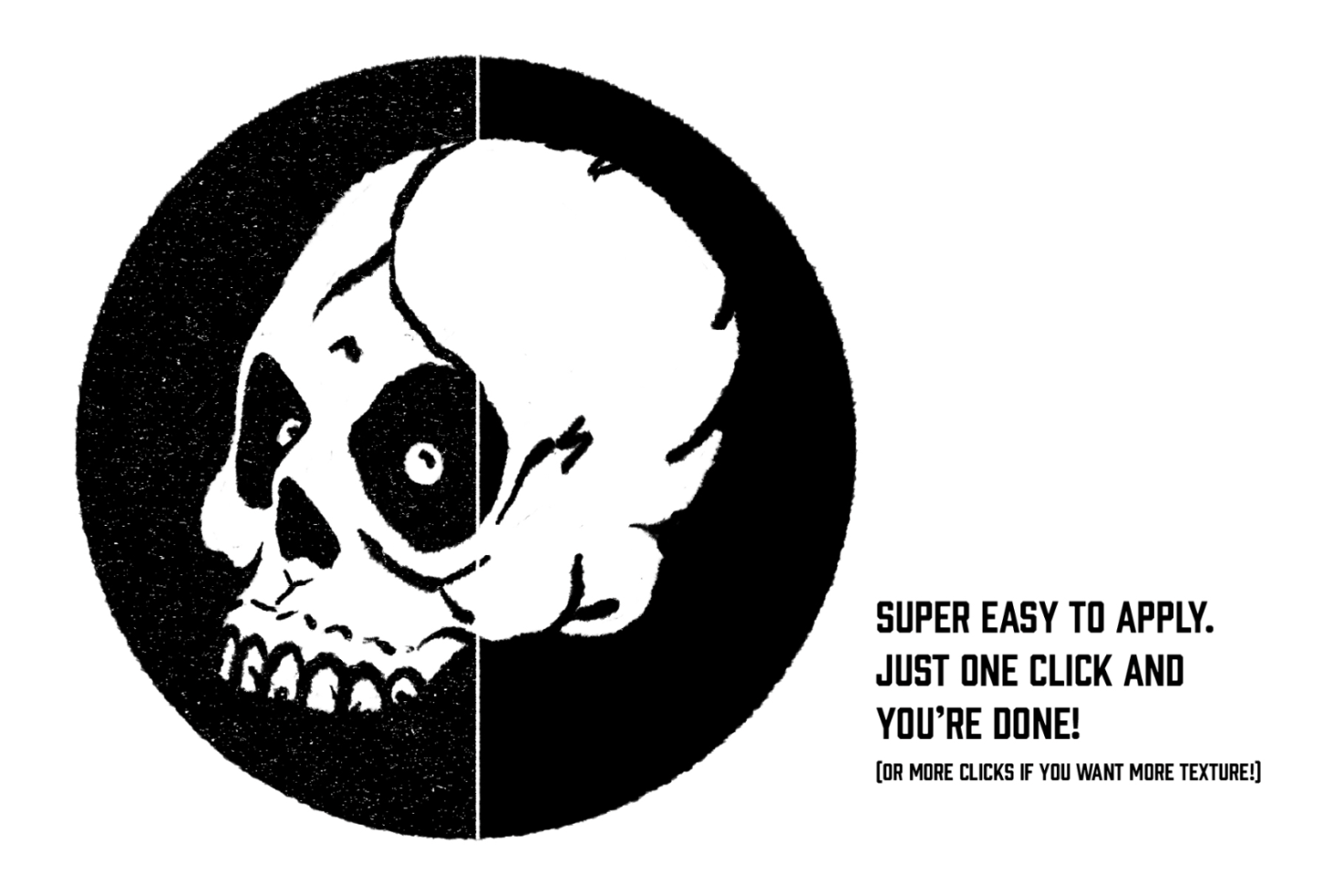 Graphic design skull vector in bold contrast, with text about easy application, suitable for mockup and template designers.