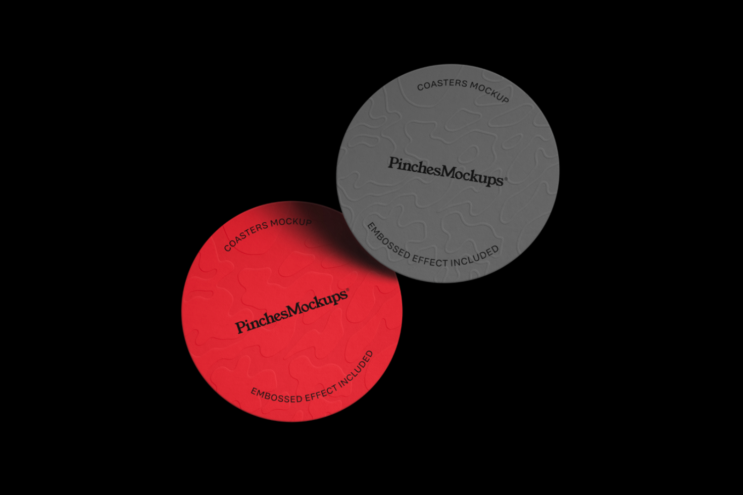 Round red and gray coaster mockups with embossed textures for product presentation, perfect for designers' branding projects.