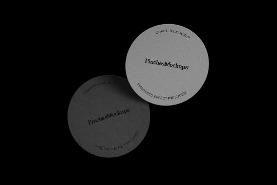 Round coaster mockups on dark background, showcasing embossed logo effect for branding, ideal for graphic design assets.
