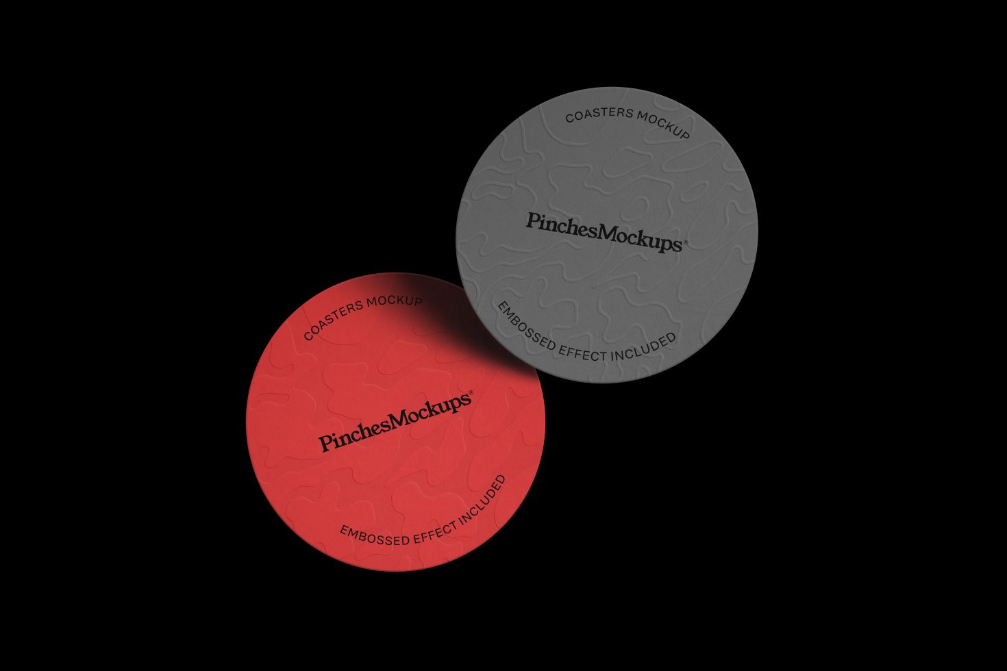 Red and gray coaster mockups with embossed design effect, ideal for branding presentations, digital assets for graphic designers.