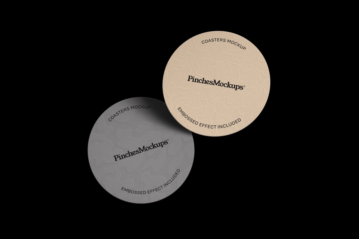 Elegant coaster mockups with embossed effect in black and beige, perfect for drinks branding and tabletop design showcase.