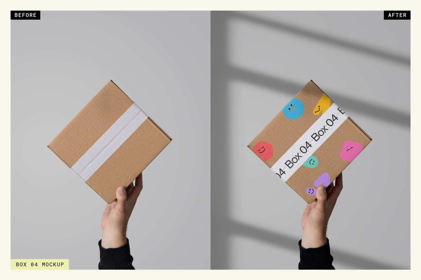 Before and after comparison of a plain cardboard box mockup turning into a colorful, branded design, held by a hand against a light background.