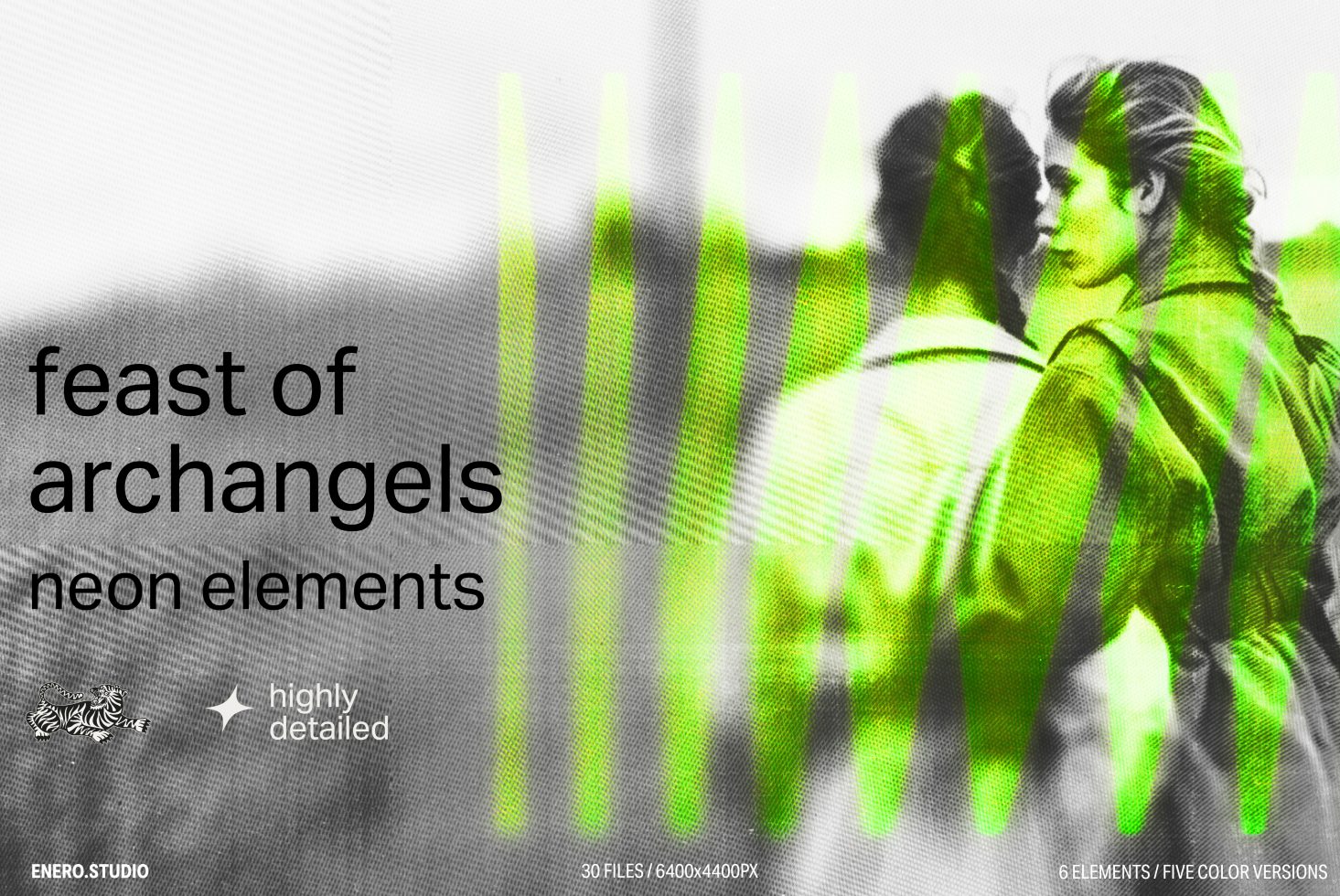 Highly detailed neon graphic elements design overlay with halftone, called "Feast of Archangels," for digital asset market, designers resource.