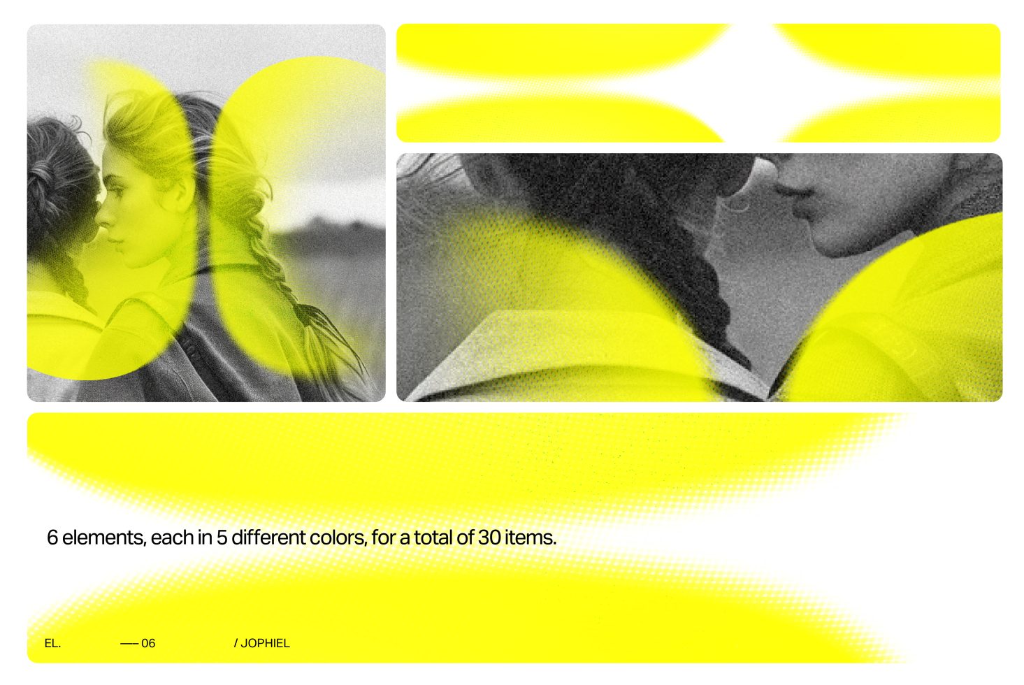 Abstract graphic elements mockup in yellow with halftone design, featuring dual overlay profiles, suitable for creative design projects.