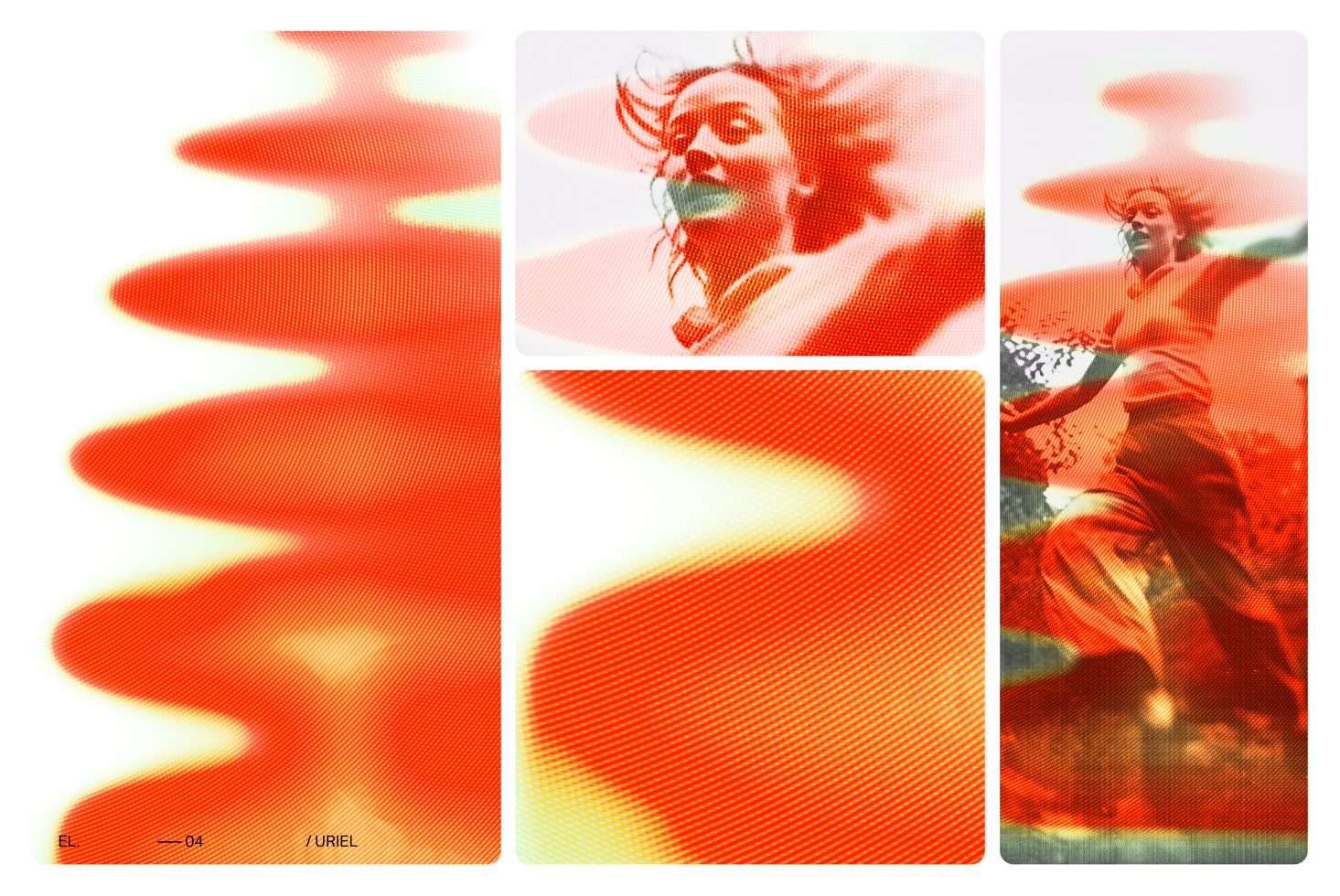 Abstract halftone design templates with dynamic waves and female figure, vibrant red and orange gradient, for graphics and mockups.