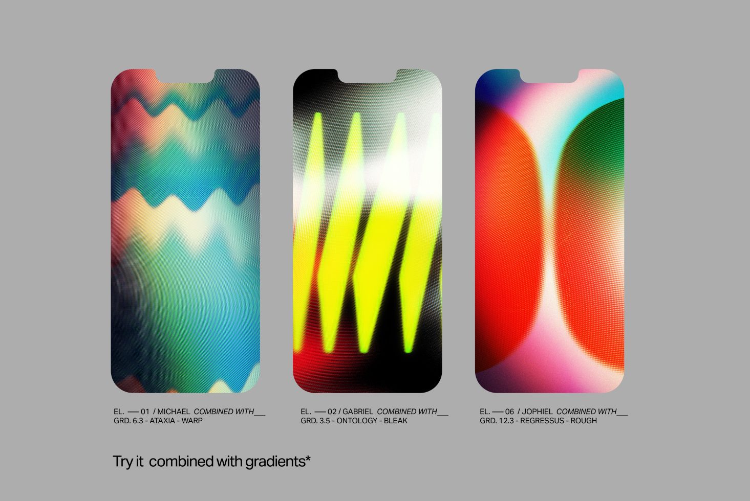 Three smartphone mockups with abstract gradient designs in blue, yellow, and red tones, perfect for showcasing UI/UX art on a digital marketplace.