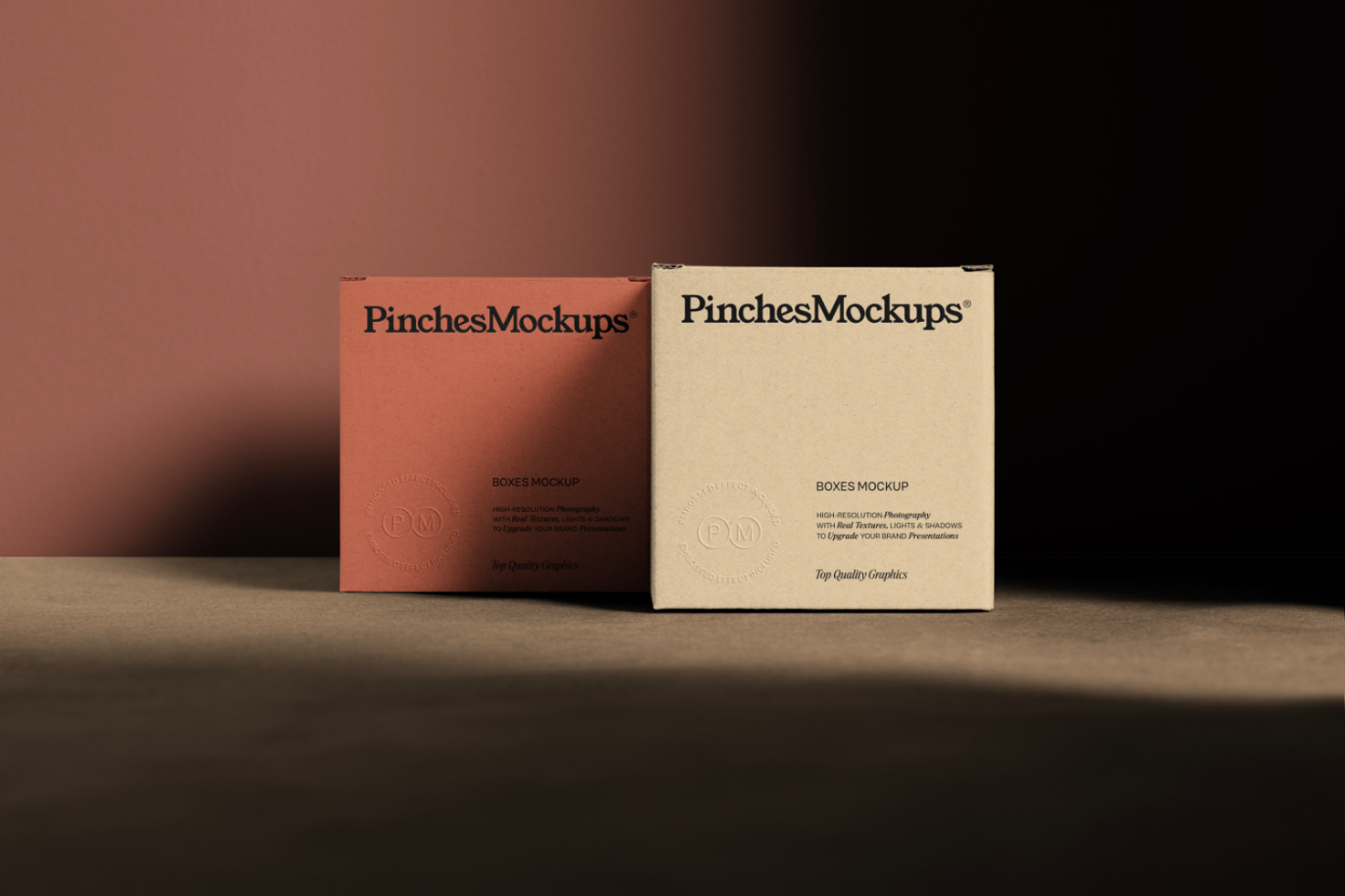 Elegant packaging box mockups in earth tones with realistic shadows for product presentation, suited for designers to showcase branding mockups.