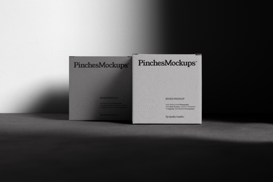 Elegant product box mockup in monochrome showcasing front and side views, ideal for packaging design presentations, graphic design asset.