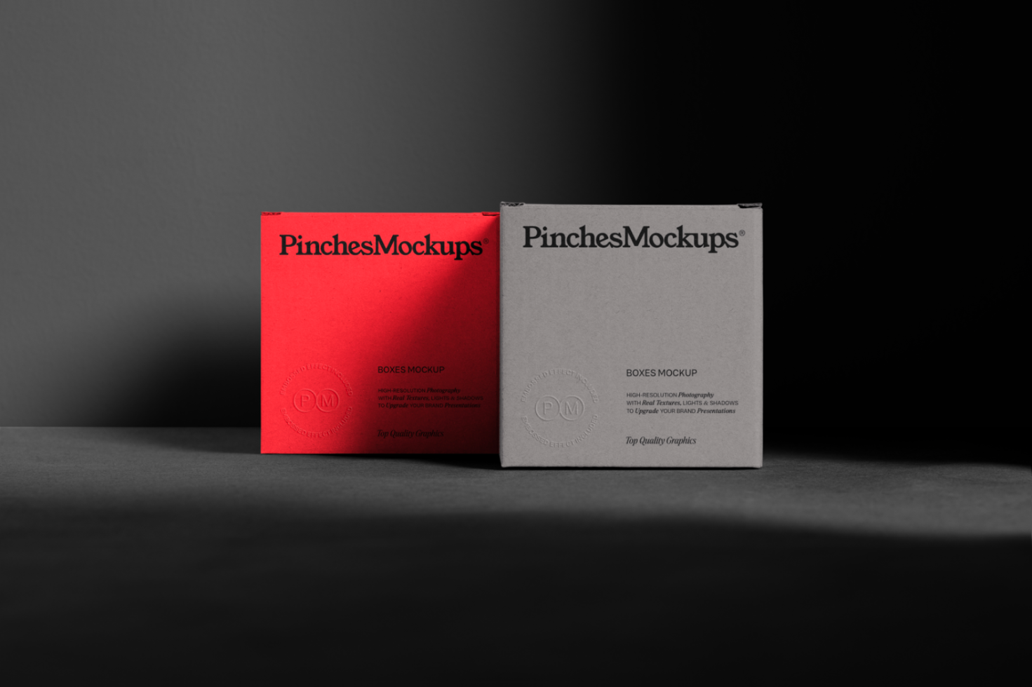 Red and grey product box mockups with branding, ideal for packaging design presentations, displayed on a dark background for designers.